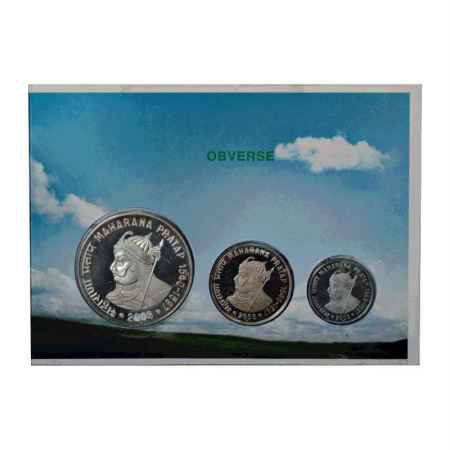 2003, Maharana Pratap, Proof set of 3 coins, 100 Rupees, 10 Rupees and 1 Rupee, Mumbai Min