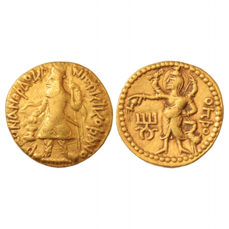 Kushans, Kanishka (127-152 AD), Gold Dinar, Gobl 72, 7.86g. Obv: King standing wearing a c