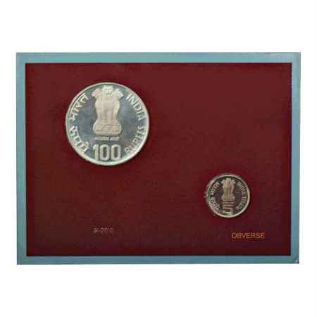 2006, 200 Years of State Bank of India, Proof set of 2 coins, 100 Rupees and 5 Rupees, Kol
