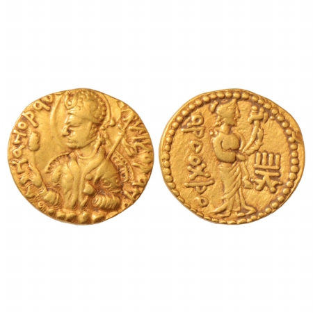 Kushans, Huvishka (155-190 AD), Gold Dinar, Gobl 219, 7.66g. Obv: Nimbate and helmeted bus