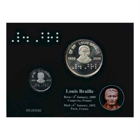 2009, 200th Birth Anniversary of Louis Braille, Proof set of 2 coins, 100 Rupees and 2 Rup