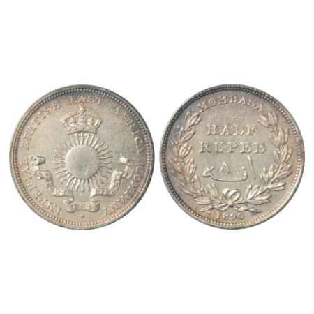 Mombasa, British Colony, Silver ½ Rupee, 1890, 'H' mint mark. Obv: Crown above radiant sun
