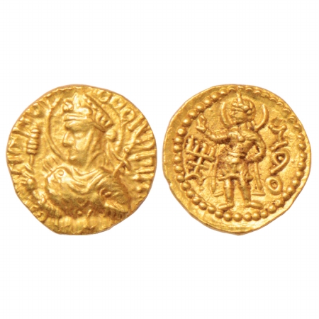 Kushans, Huvishka (155-190 AD), Gold ¼ Stater, 'Mao' type, Gobl 277-278, 1.88g. Obv: Helme
