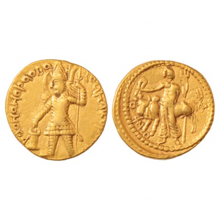 Kushans, Vasudeva I (180-220 AD), Gold Dinar, Gobl 503, 7.88g. Obv: King standing wearing 