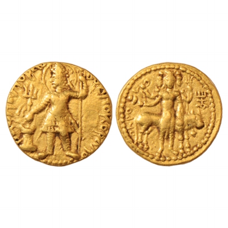 Kushans, Vasudeva I (180-220 AD), Gold Dinar, Gobl 506, 8.01g. Obv: King standing wearing 