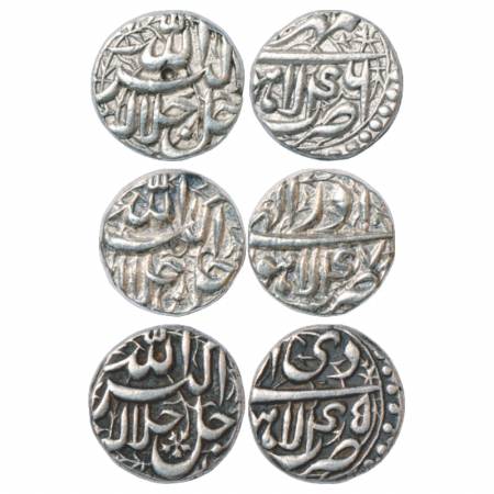 Akbar (1556-1605 AD), Silver ½ Rupee (3), Lahore Mint, Mihr 46, Azar 47 and Di 45, KM 66.3