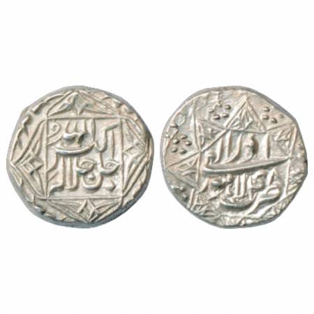 Akbar (1556-1605 AD), Silver ½ Rupee, Lahore Mint, Azar 48. Obv: Quatrefoil borders. Rev: 