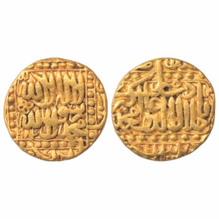 Akbar (1556-1605 AD), Gold Mohur, 10.86g. Patna Mint, AH 984, dotted rectangle border on o