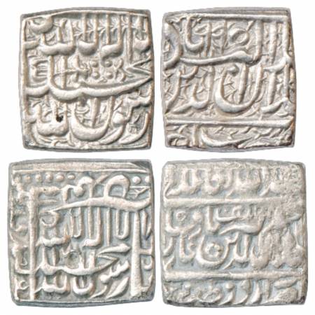 Akbar (1556-1605 AD), Silver Square Rupee (2), Ujjain Mint, AH 995 and Urdu Zafar Qarin Mi