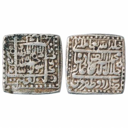 Akbar (1556-1605 AD), Silver Square Rupee, Urdu Zafar Qarin Mint, AH Alf (1000), KM 82.8. 