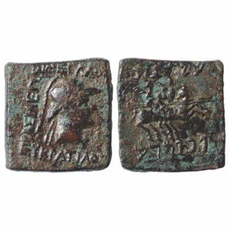 Indo-Greeks, Eukratides (171-145 BC), Bronze Unit, BN series 19, 8.99g. Obv: Helmeted bust
