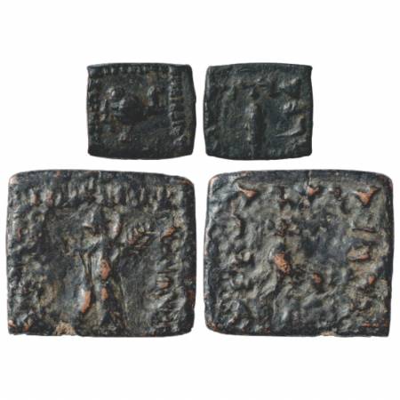 Indo-Greeks, Copper Coin (2), Menander I (155-130 BC), BN series 28, 1.51g. Obv: Head of e