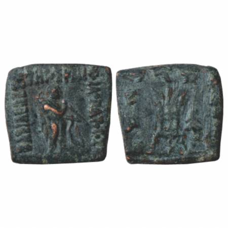 Indo-Greeks, Apollodotos II (80-65 BC), Copper Coin, BN series 17, 4.76g. Obv: Apollo stan