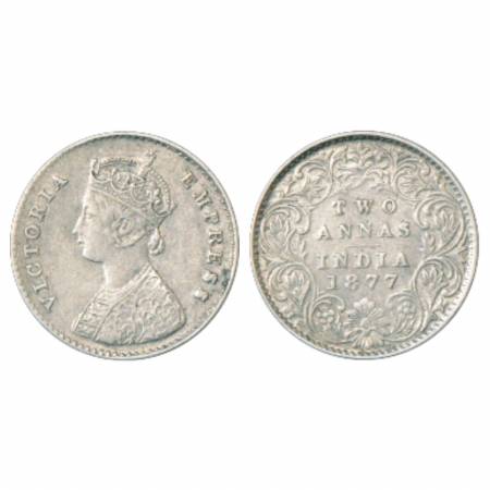 Victoria Empress, Silver 2 Annas, 1877, Calcutta Mint, A/I/no mm, PR 491. Very Fine, Scarc