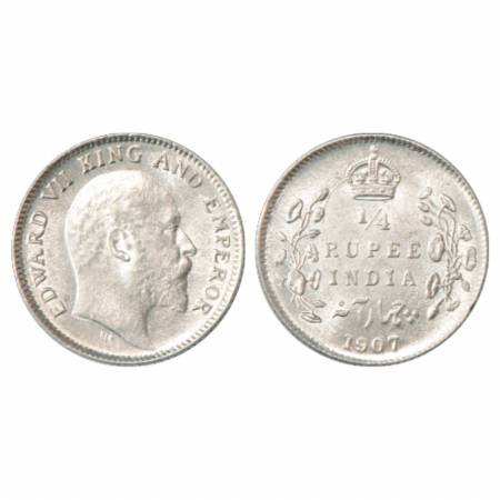 Edward VII, Silver ¼ Rupee, 1907, Calcutta Mint, Ghost image on reverse, PR 436. Uncircula
