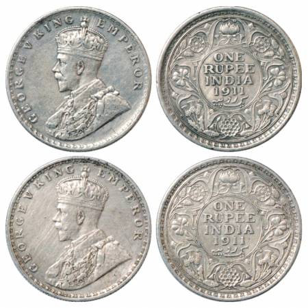 George V, Silver Rupee (2), 1911, Calcutta and Bombay Mint, PR 207 and 217. (2 Coins) Very