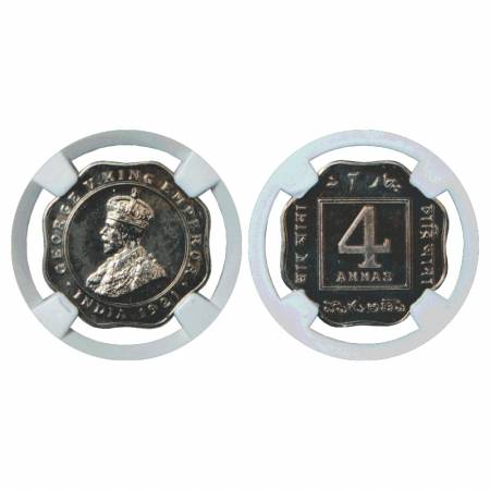 George V, Cupro-Nickel 4 Annas 1919, Re-strike Proof, Calcutta Mint. Graded as PF 62 by NG