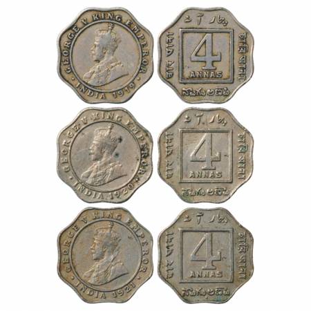 George V, Cupro-Nickel 4 Annas (3), 1919, Calcutta Mint, PR 874 and 1920 and 1921, Bombay 