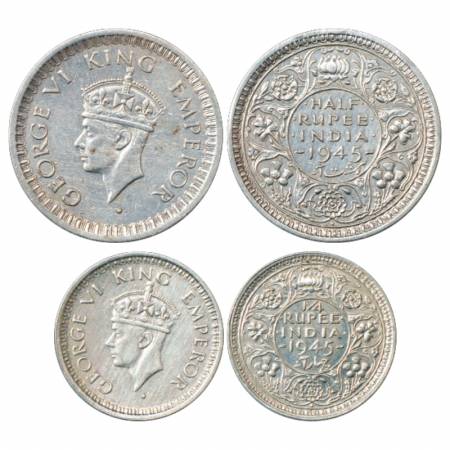 George VI, Half Silver ½ Rupee and ¼ Rupee, 1945, Bombay Mint, Large 5. (2 Coins) Very Fin