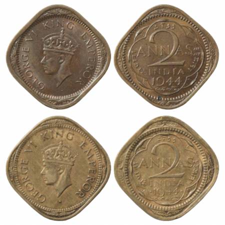 George VI, Nickel-Brass 2 Annas (2), 1944, Lahore Mint, PR 908 and Bombay Mint, small nume