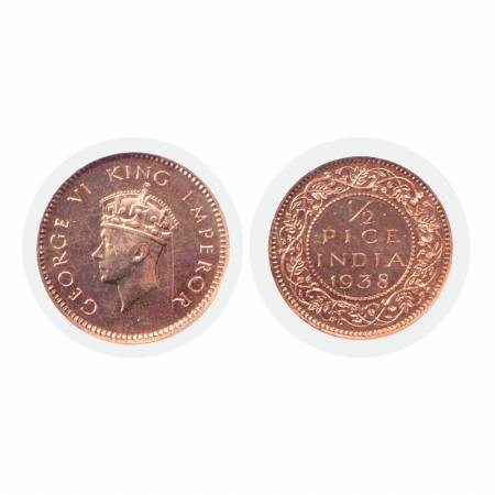 George VI, Copper 1/2 Pice, 1938, Proof Re-strike, Calcutta Mint. Graded as PL63 RD by NGC