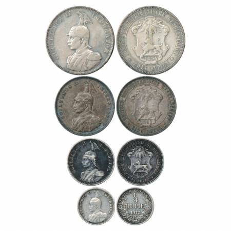 German East Africa, Wihelm II, Silver set of 4 Coins 2 Rupien 1894, 1 Rupie, 1893, ½ Rupie