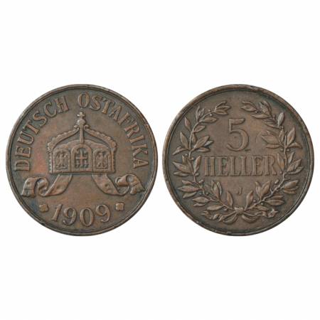 German East Africa, Wilhelm II, Bronze 5 Hellar, 'J' mint mark, 1909, 19.70g. Obv: Crown w