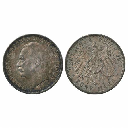 German State-Baden, Friedrich II, Silver 5 Mark, 1913, 27.77g. Obv: Portrait bust of Fried