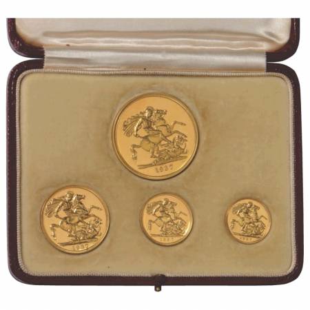 Great Britain, George VI, Gold Specimen set of 4 coins, 5 pounds, 2 pounds, 1 sovereign an
