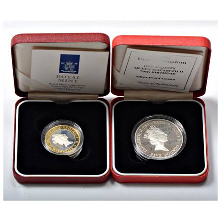 Great Britain, Elizabeth II, Proof, Silver 5 Pounds 1996, KM 974a and Silver 2 Pound 1997,