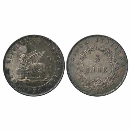Italian State-Venice, Silver 5 Lira, 1848, 'V' mint mark, 24.95g. Obv: Winged lion left wi