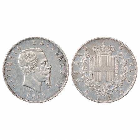 Italy, Vittorio Emanuele II, Silver 5 lire, 1869, 'BN' mint mark, 24.88g. Obv: Portrait bu