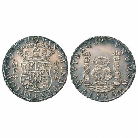 Mexico, Philip V, Silver 8 Reales, 1738, 26.99g. 'M.F.' mint mark. Obv: Crowned shield fla