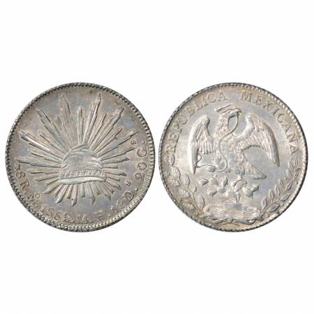 Mexico, Silver 8 Reales, 1882, 27.06g. Mexico city Mint, 'M.H' mint Mark. Obv: Radiant cap