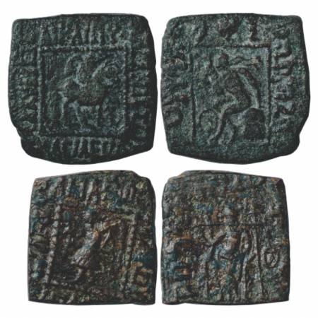 Indo-Scythians, Copper Hemi-obol (2), (a) Spalirises with Spalagadames (80-60 BC), MAC 216