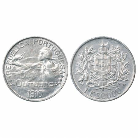 Portugal, Silver 1 Escudo, 1910, 24.98g. Sub: Birth of the Republic. Obv: Bust holding tor
