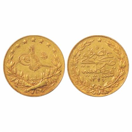 Turkey, Muhammad V (1909-1918 AD), Gold 100 Kurush, 7.21g. Qustantiniyah Mint, AH 1327/RY 