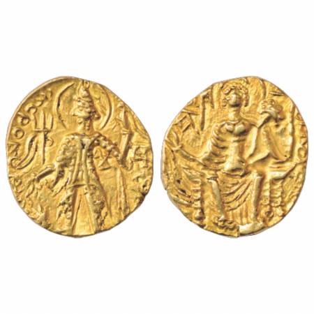 Kushans, Shaka (250-300 AD), Gold Dinar, Gobl 579, 7.77g. Obv: Nimbate king, wearing armou