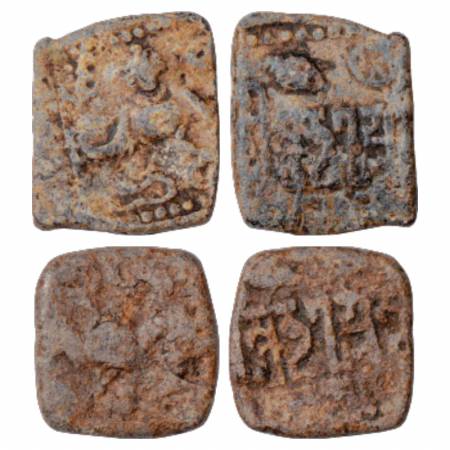 Gupta Empire, Skanda Gupta (450-475 AD), Lead Unit (2), 2.54g and 2.11g. Obv: Bull and Gar