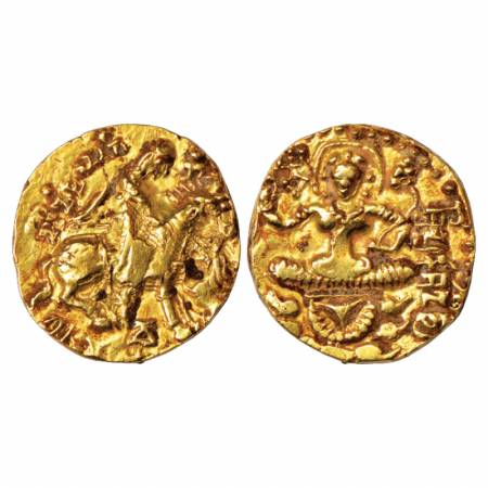 Post-Gupta North India, Prakashaditya (550-600 AD), Gold Dinar of 'Horseman-Lion Slayer' t