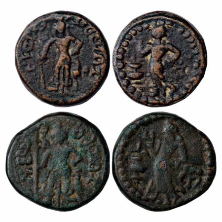 Yaudheyas, two Copper coins of 'standing Karttikeya' type, 13.11g and 11.18g. Obv: Karttik