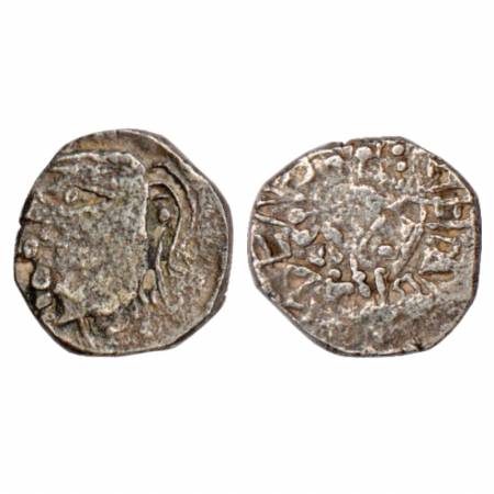 Pushyabhutis / Vardhanas of Sthaneshwara, Harsha (590-647 AD), Silver Drachm of 'fan-taile