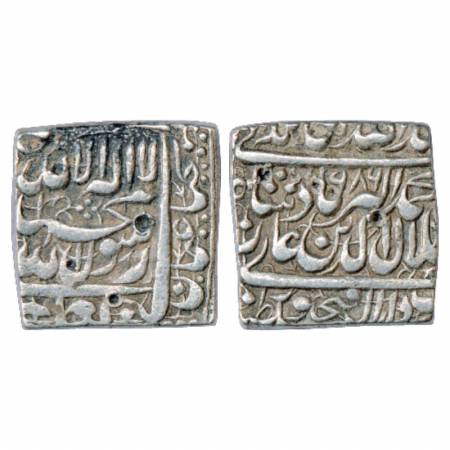 Akbar (1556-1605 AD), Silver Square Rupee, Dar us-Sultanat Fathpur Mint, AH 986, KM 82.9. 