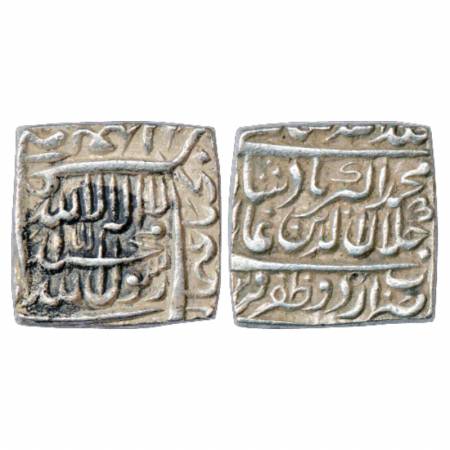 Akbar (1556-1605 AD), Silver Square Rupee, Urdu Zafar Qarin Mint, dateless type, KM 82.9. 