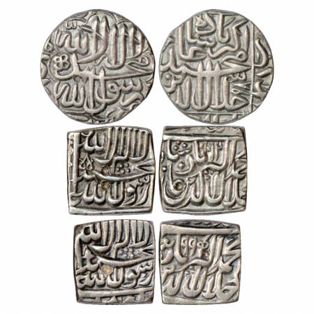 Akbar (1556-1605 AD), Silver Rupee (3), Mint off flan, 1x Round, AH 985 and 2x Square, AH 