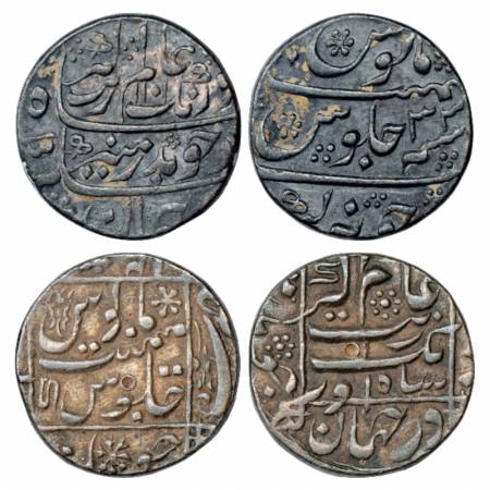 Aurangzeb (1658-1707 AD), Silver Rupee (2), Junagadh Mint, AH 1101/RY 33 and RY 12, KM 300