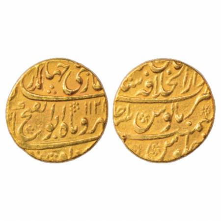 Jahandar Shah (1712-1713 AD), Gold Mohur, 10.93g. Dar ul-Khilafat Shahjahanabad Mint, 'Abu