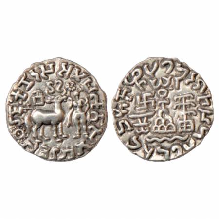 Kunindas, Amoghabhuti (50 BC-50 AD), Silver Drachm, MAC 4444, 2.32g. Obv: Goddess standing