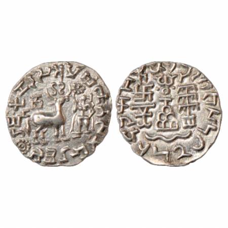 Kunindas, Amoghabhuti (50 BC-50 AD), Silver Drachm, MAC 4444, 2.31g. Obv: Goddess standing