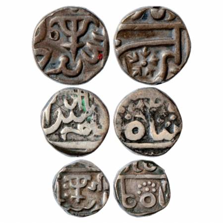 Gwalior, Jayaji Rao (1843-1886 AD), a set of 3 Silver Coins, Rupee and ½ Rupee, Lashkar Mi